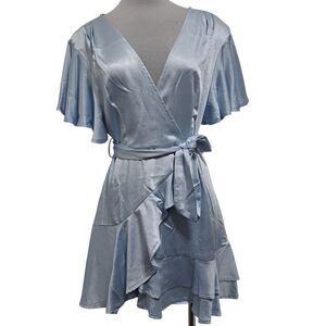 Selfie Leslie Cami Angel Sleeve Faux Wrap Sexy Boho Mini Dress Steel Blue Large